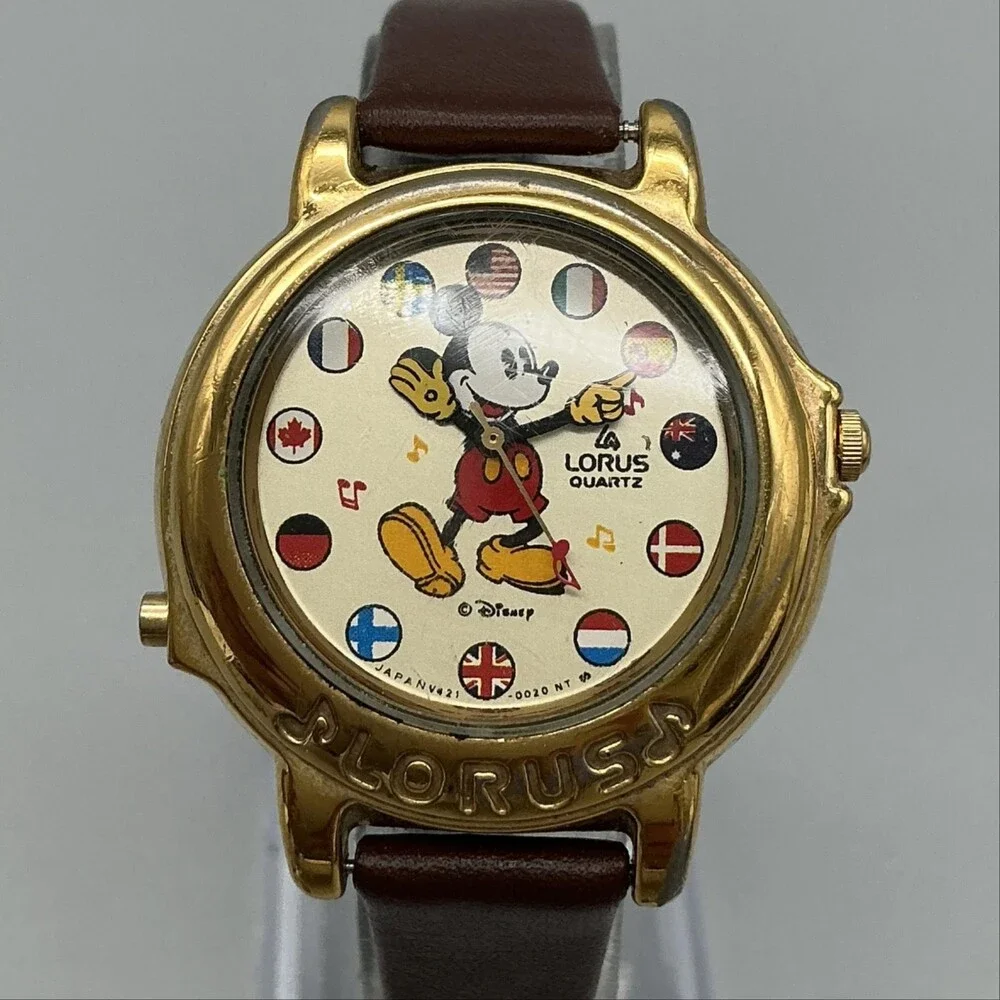 Vintage Disney Lorus Mickey Mouse Watch 34mm Musical Leather V421-0020